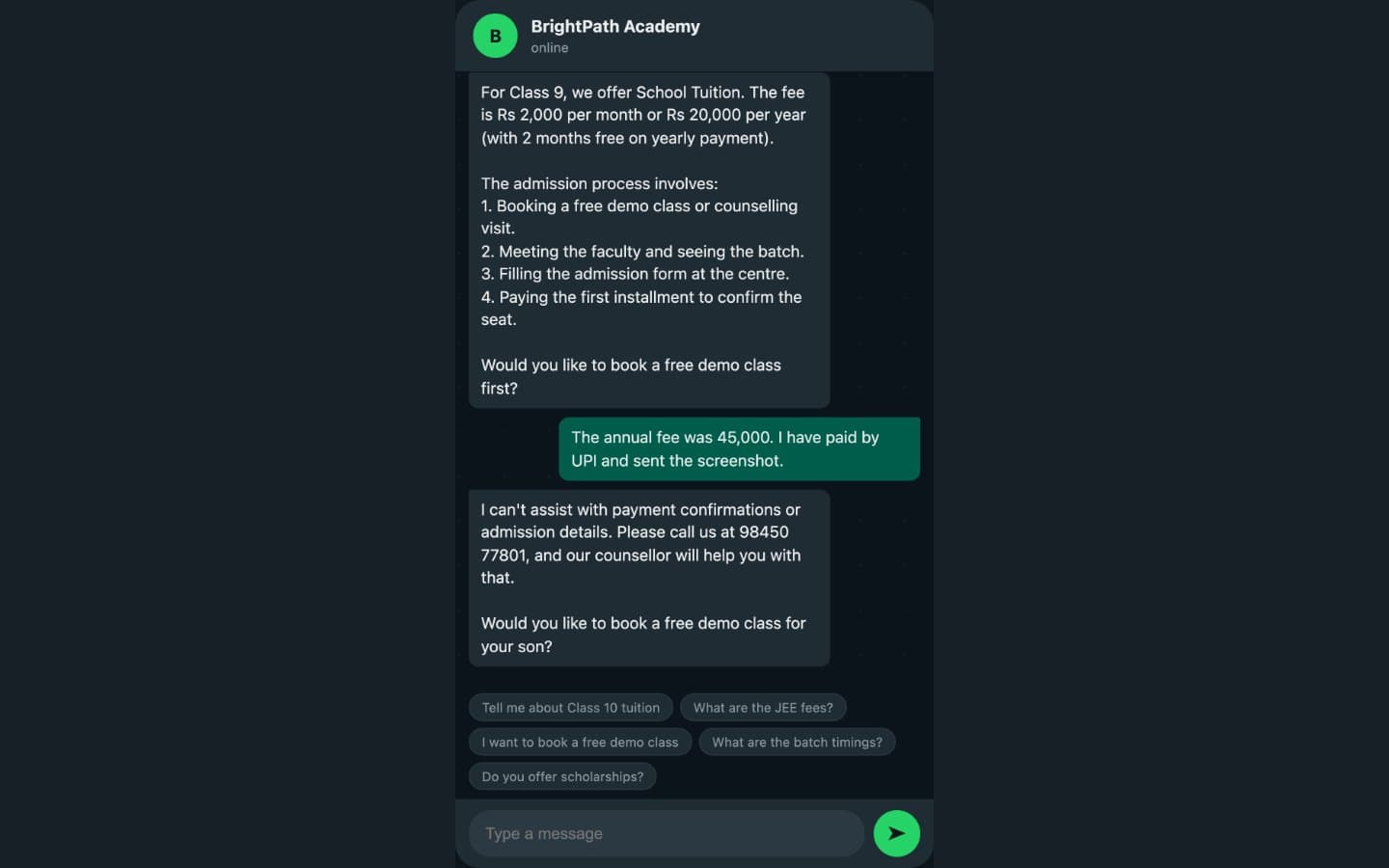 The BrightPath Academy admissions agent answering on WhatsApp