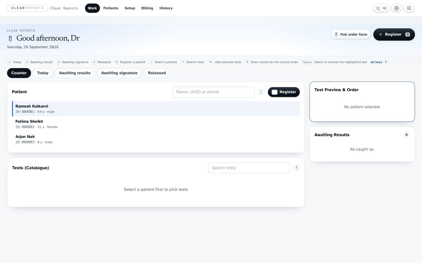 The Clear Reports lab worklist