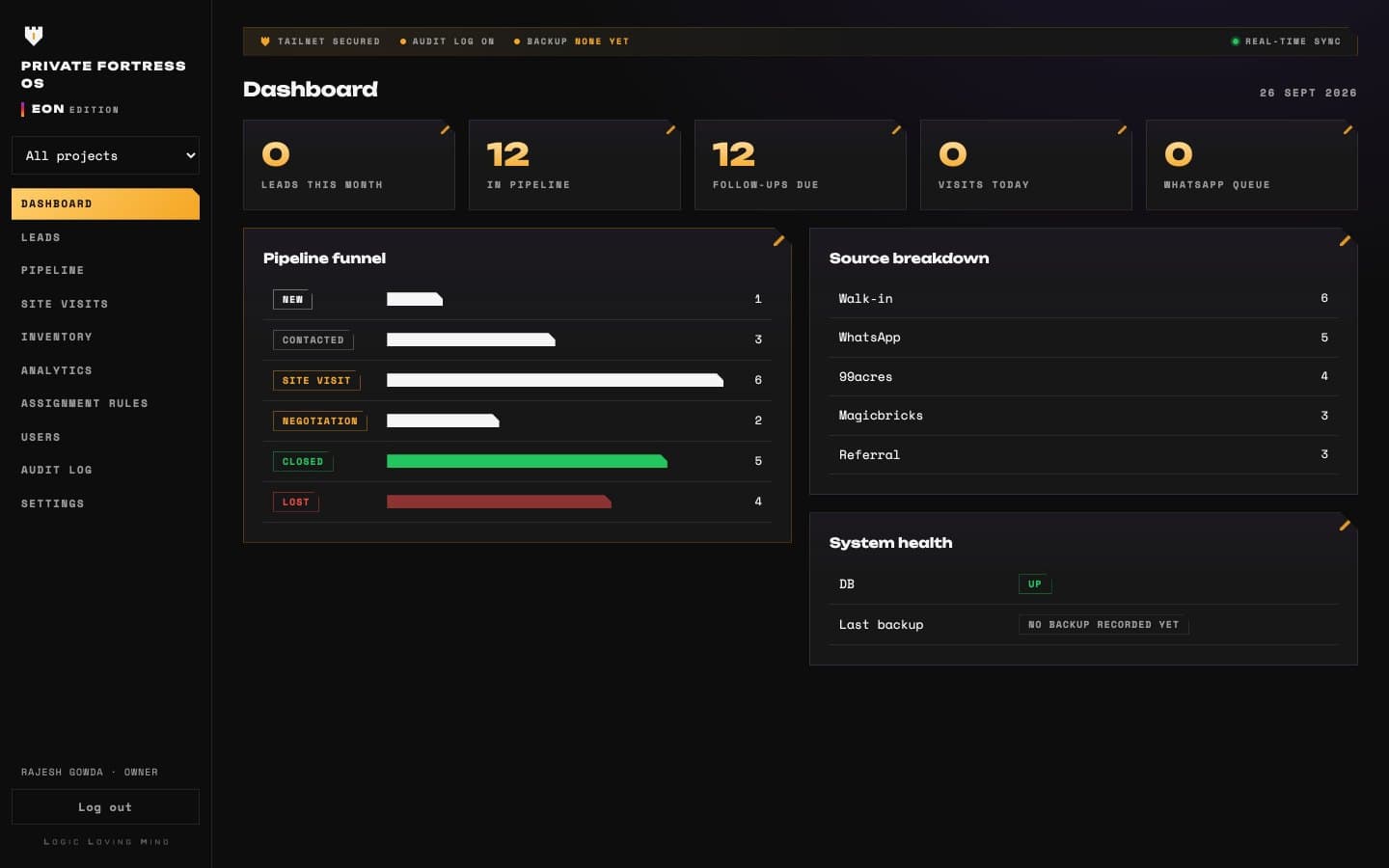 The EON Private Fortress OS dashboard